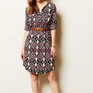 ANTHROPOLOGIE HOLDING HORSES Mira Ikat Western Shirtdress in Navy/Cream Size 6